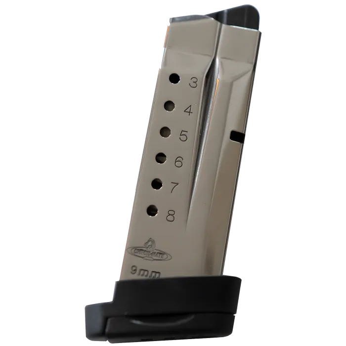 S&W Shield 8-round 9mm magazine, stainless body, numbered witness holes 3-8, black grip extension floorplate