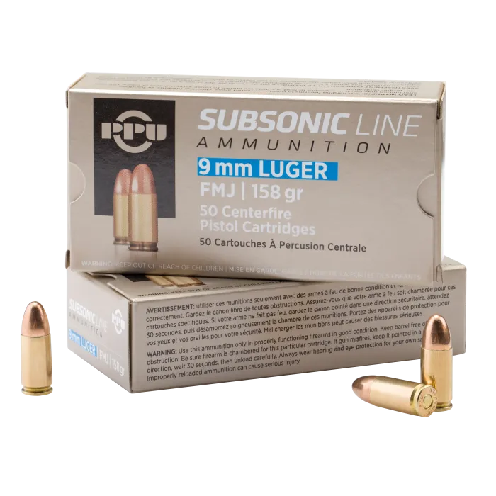 PPU 9mm Subsonic Ammo - 158 Grain FMJ