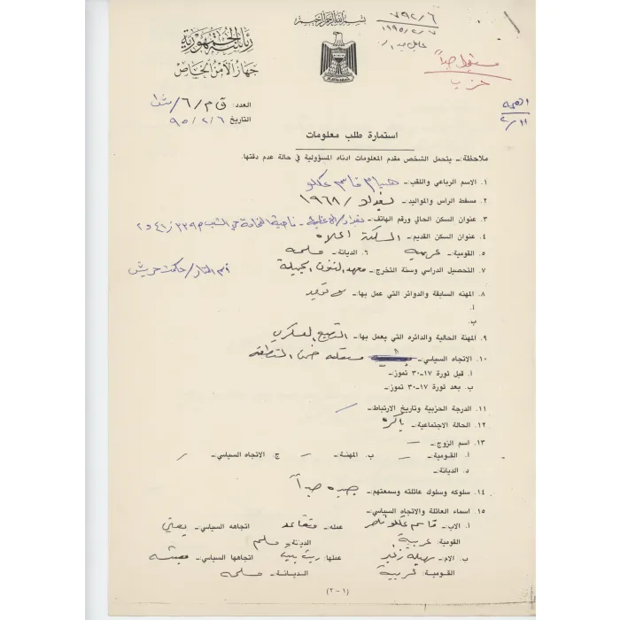 Original Saddam-Era Iraqi Special Security Organization Document Set - Secret Personnel Vetting File