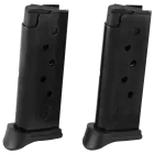 Two black Ruger LCP magazines with numbered witness holes and stamped Ruger logo, front view, white background