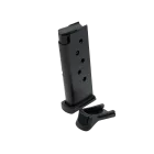 DuraMag Ruger LCP Magazine in 380 ACP 6 round with black steel body, witness holes, floor plate, and included finger extension base pad shown alongside