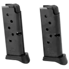 Ruger LCP .380 ACP 6-round magazine 2-pack, black steel mags with finger rest floorplate, witness holes front view