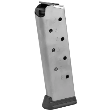 Sig Sauer 1911 Full Size 45ACP 8 round magazine in stainless steel with numbered witness holes, black polymer base pad, and feed lips
