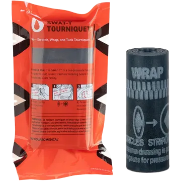SWAT-T Tourniquet in black with orange retail packaging showing rolled tourniquet, Stretch Wrap and Tuck instructions printed on band, and SWAT-T branding