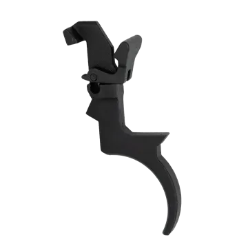 M14 Trigger and Sear Assembly in black steel showing trigger, sear, hammer hook, pivot pin, and complete assembly from front angle
