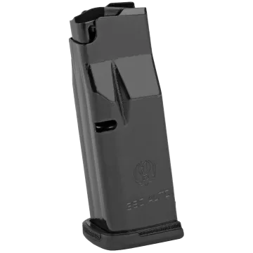 Ruger LCP Max Magazine 380 ACP 10 round alternate front angle showing witness holes, black steel body, feed lips, and floor plate