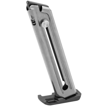 Mark IV Mark III 22/45 .22 LR 10-round stainless steel magazine, front angle showing follower button and black base