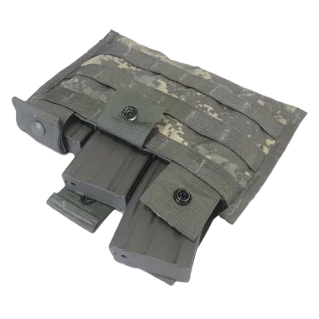 US Military MOLLE II Triple Magazine Pouch in ACU Digital camouflage with three AR-15 magazines loaded showing snap closure flaps and open top shingle design