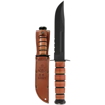 US Army Ka-Bar Fighting Knife serrated with brown leather sheath showing black blade with serrations, stacked leather handle, pommel, and leather sheath stamped Ka-Bar and US Army with eagle emblem