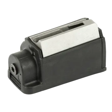 Ruger 77/357 Magazine right side showing black polymer body, stainless steel feed lips, floor plate with screw, and rotary-style design