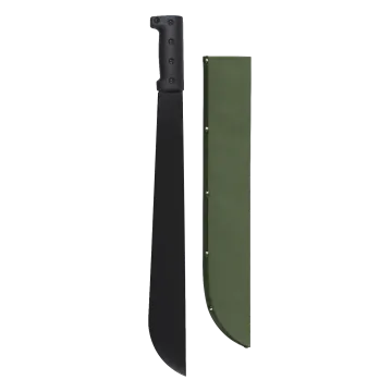 Bush Pro Steel Machete with OD green sheath showing full-length black blade, Latin-style machete profile, black handle, and OD green canvas sheath side by side