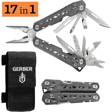 Gerber Truss 17-in-1 multi-tool open and closed views with black Gerber nylon belt sheath, stainless steel construction.