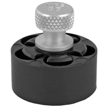 HKS 36-A speedloader top view showing knurled aluminum release knob and black polymer body for 5-shot revolvers