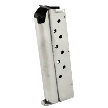 SR1911 9mm 9-round magazine in stainless steel with witness holes, black follower, and flat base plate