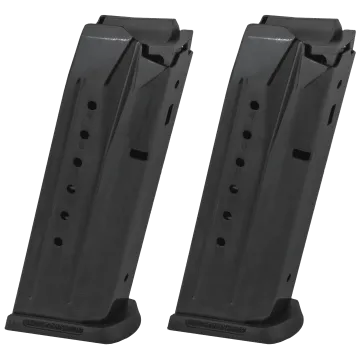 Ruger Security-9 15-round magazine 2-pack, black steel body with witness holes and polymer baseplate