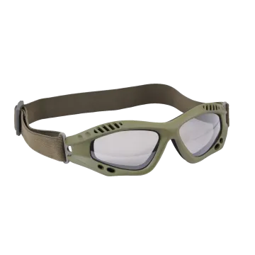 VenTec tactical goggles olive drab front angle with clear lens, vented OD green frame and adjustable elastic strap