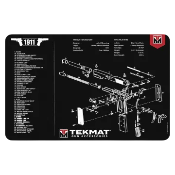 TekMat 1911 gun cleaning mat with black surface, exploded parts diagram, schematic and specs