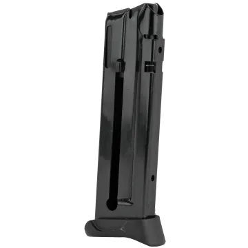 Ruger SR22P extended magazine, .22 LR, black steel body with witness holes, front-angle view