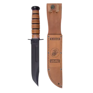 USMC KA-BAR knife with brown leather sheath embossed with USMC eagle, globe and anchor emblem