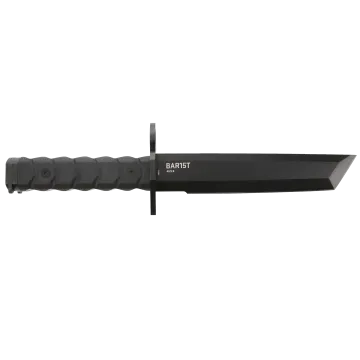 Close-up of SOG BAR15T black tanto blade showing "BAR15T" laser marking and textured handle