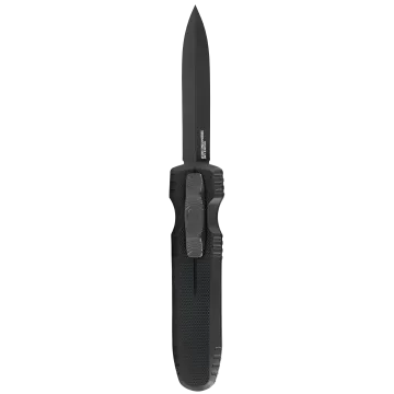 SOG Pentagon OTF Blackout knife blade deployed, front view with black pocket clip and slider