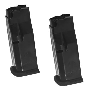 Two Ruger LCP Max 10-round magazines, black steel with flush polymer baseplates and Ruger logo, .380 ACP