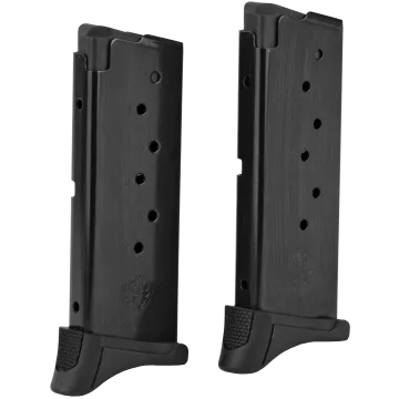 Ruger LC9 magazine 2-pack, black steel body with textured finger-rest floorplate extension, front view