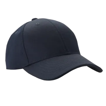 5.11 adjustable uniform hat in dark navy, front-side angle showing curved brim and structured crown