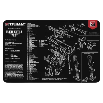 Black Beretta 92 TekMat gun cleaning mat with exploded parts diagram, schematic and production history