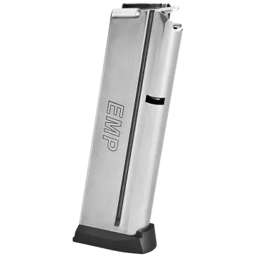 Springfield Armory 1911 EMP magazine 9mm stainless steel body with EMP marking and black polymer basepad, front-left view