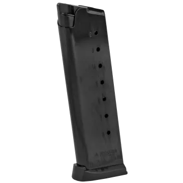 Mec-Gar Colt 1911 blued steel 8-round magazine side view showing matte finish and finger extension.