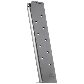 Mec-Gar 1911 full size 11-round nickel magazine side view showing '9mm' marking and Mec-Gar logo.