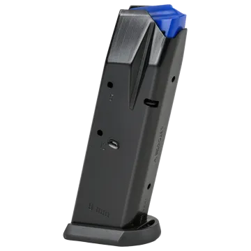 Close-up of Mec-Gar CZ75 Compact 9mm 10-round magazine back showing '9mm' marking and blue follower.