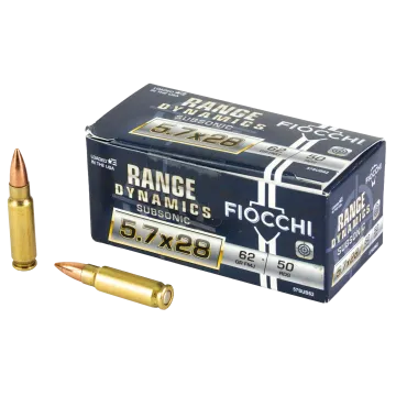 Fiocchi Range Dynamics 5.7x28mm subsonic 62gr FMJ 50-round box with two cartridges