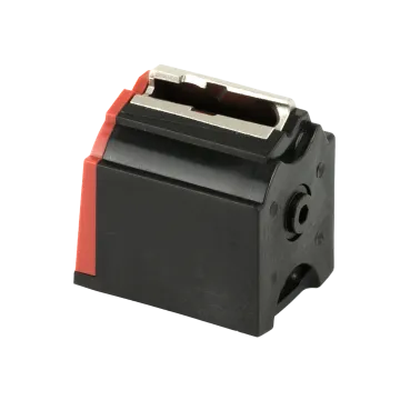 Ruger 10/22 1-Round Magazine front top view with metal feed lips, black polymer body, red follower.
