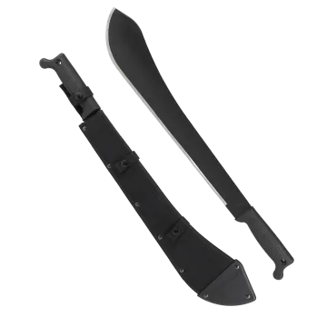 Cold Steel Bolo Machete 97LBMS with black blade and matching black nylon sheath, angled display.