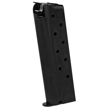 Black Mec-Gar 1911 Full Size 10mm 8-round magazine right side view showing witness holes and blued steel construction