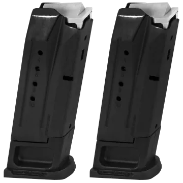 Two black Ruger Security-9 10-round flush-fit magazines side by side with 4-6-8-10 witness holes