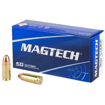 Magtech Range and Training 9mm Luger 50-round blue box with two brass cartridges displayed in front