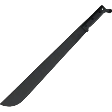 US Military Machete with long black steel blade and black riveted handle with lanyard hole, angled full view on white