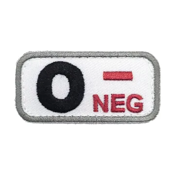 O Negative blood type patch with black O and red NEG embroidery on white background with gray border