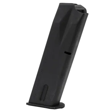 Check-Mate USGI Beretta M9 92FS 15-round magazine with black metal body and baseplate, angled view