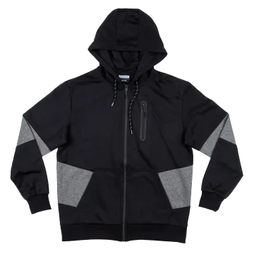 Cultura full zip athletic hoodie front view, black with grey heather panels, zip chest pocket
