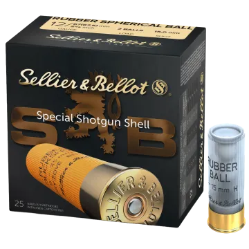 Sellier & Bellot 12-Gauge Rubber Bullet shell standing beside 25-round Rubber Spherical Ball ammo box