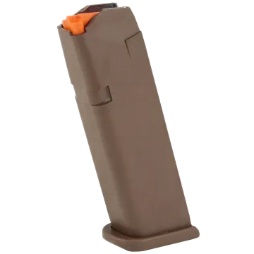 Glock 17 17-Round Flat Dark Earth magazine with orange follower, factory OEM pistol magazine side view