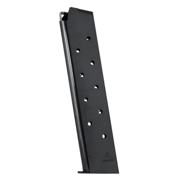 Mec-Gar 1911 full size 11-round blued magazine with witness holes, Mec-Gar logo, glossy black finish