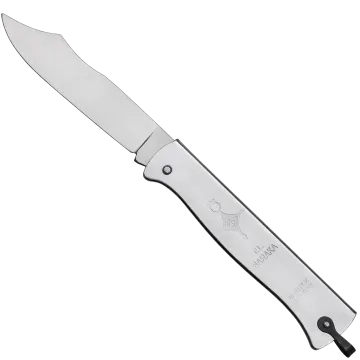 Douk-Douk El Baraka folder open at angle, bright polished blade and engraved metal handle with black bail