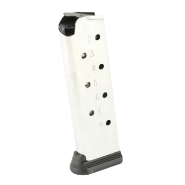 Ruger SR1911 8-round .45 ACP stainless magazine, angled view with numbered witness holes and black base pad