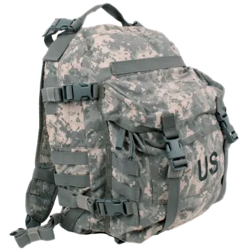 US Military MOLLE II assault pack in ACU digital camo, front 3/4 view with US marking, MOLLE webbing and buckles