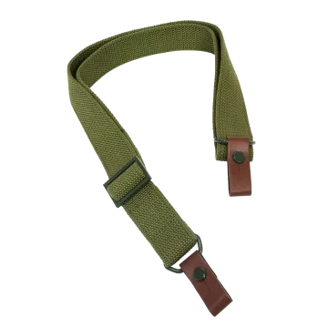 Chinese AK-47 Sling alternate angle showing olive green canvas webbing, brown leather snap tabs, metal adjustment buckle, and D-ring hardware